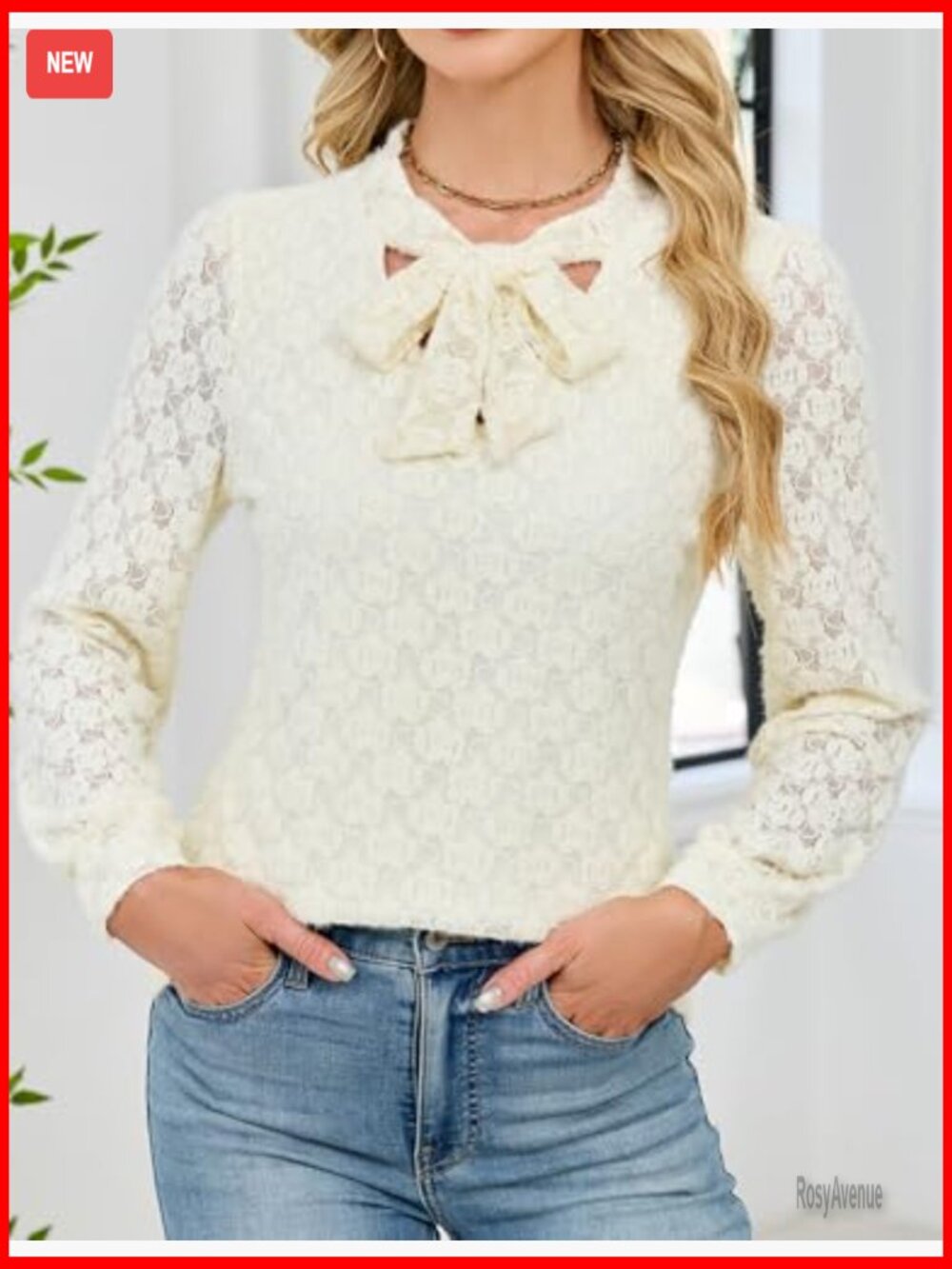 Lace Long Sleeve Blouse Tie Front Lined Dressy Tops for Women Fall Fashion - Picture 4 of 7